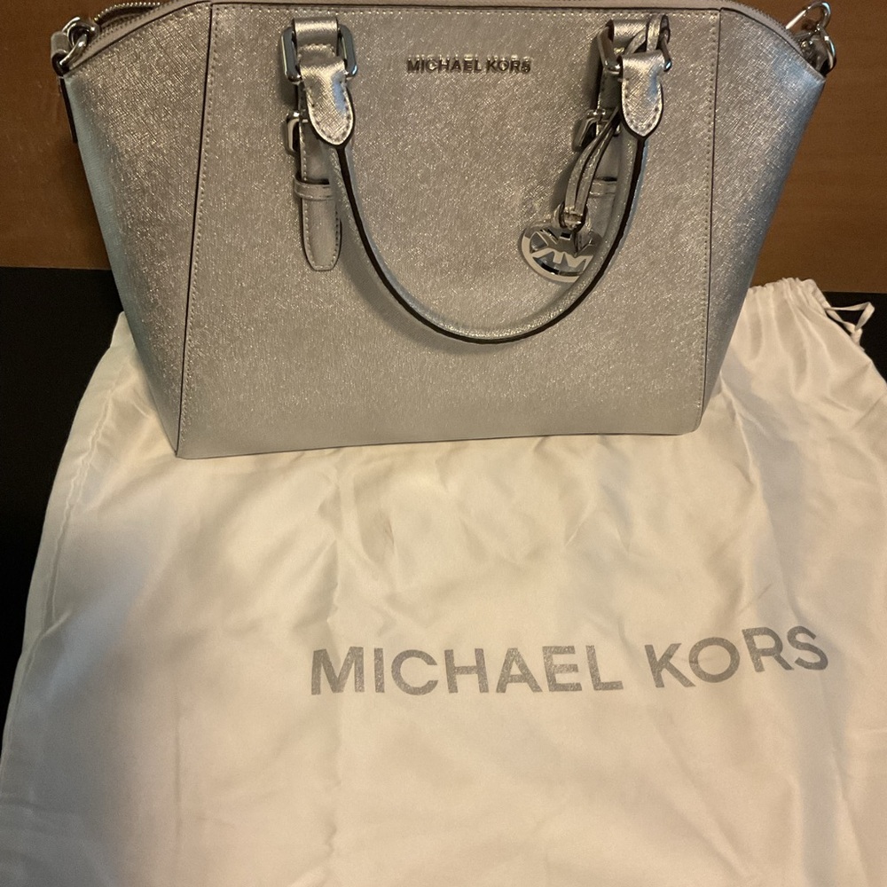 Michael Kors Metallic Silver Saffiano Satchel